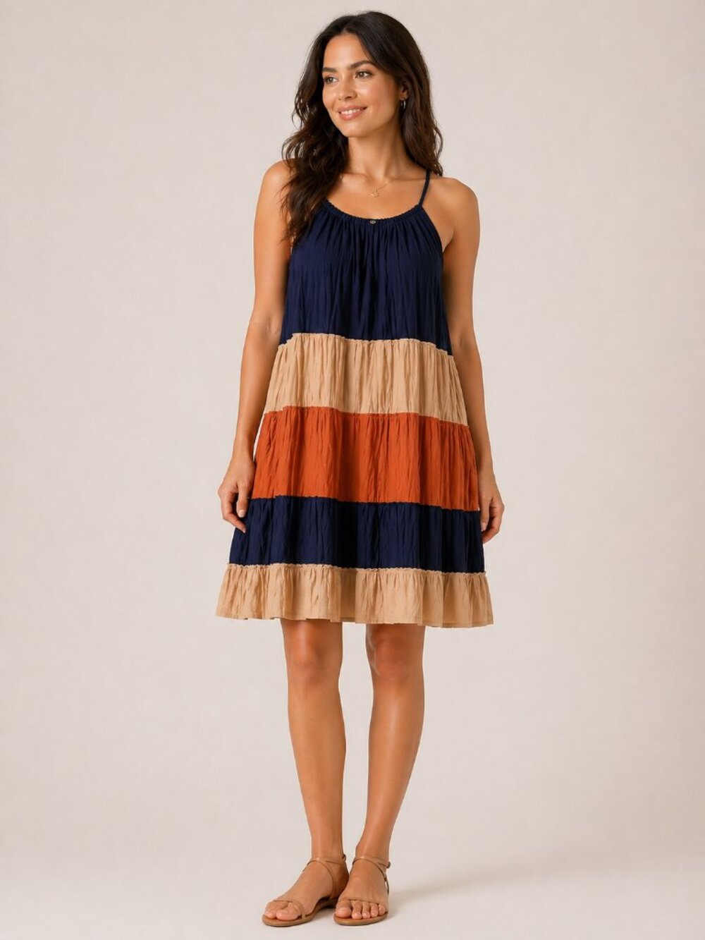 EST. 1946 Boho Tiered Colorblock Dress Medium Navy Rust Flowy